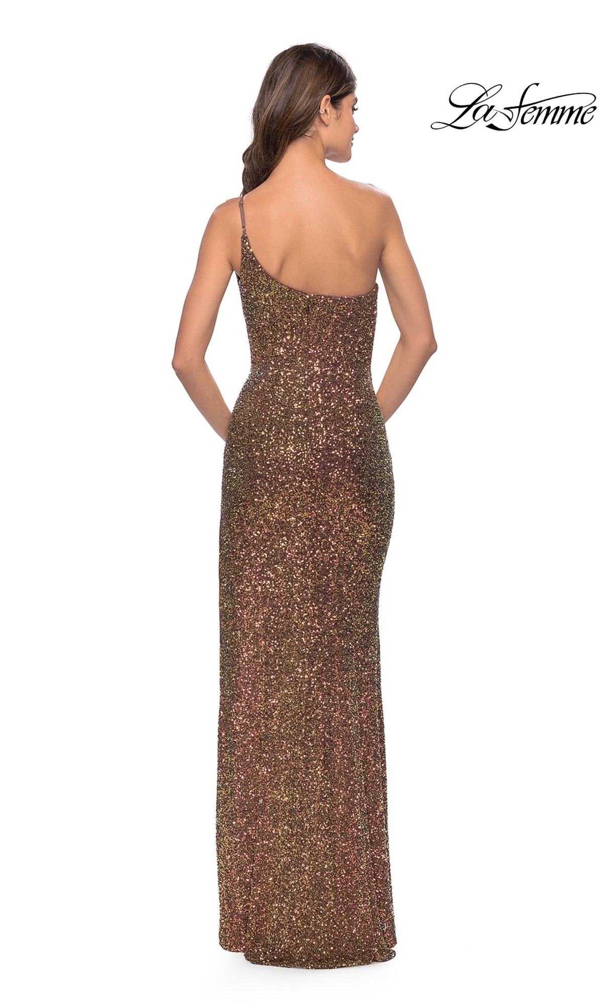 A woman models the One-Shoulder Long Bronze Sequin Prom Dress (31426), floor-length and shimmering gold and bronze, shown from the back. The